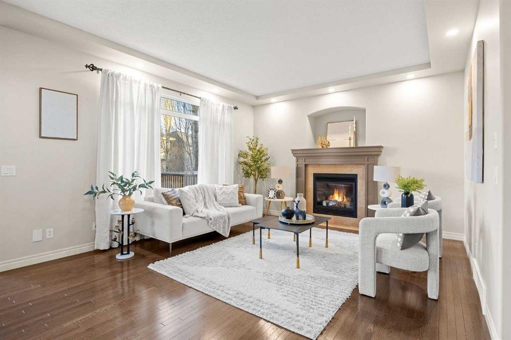 Staged living room with fireplace